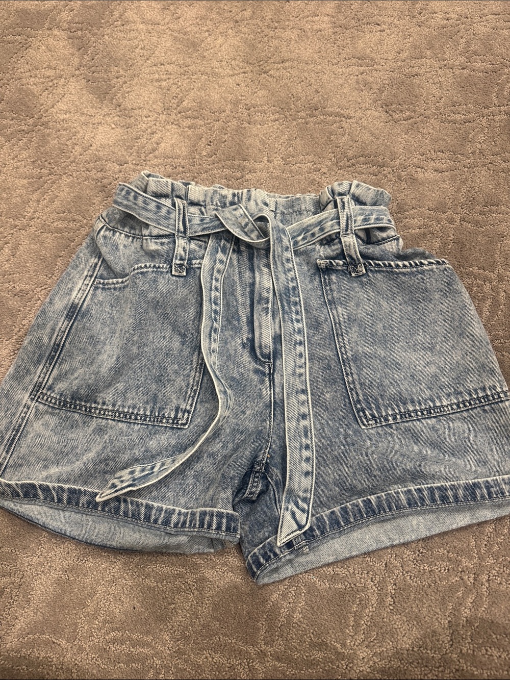 Kancan High-Waist Light Wash Denim Paperbag Shorts with Tie Belt